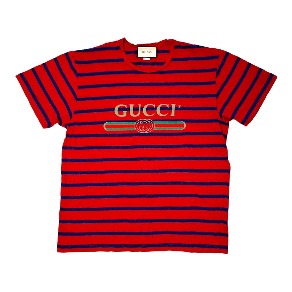 Men's GUCCI T-Shirt Stripes Linen Blend 80's Vintage Logo Large L $690